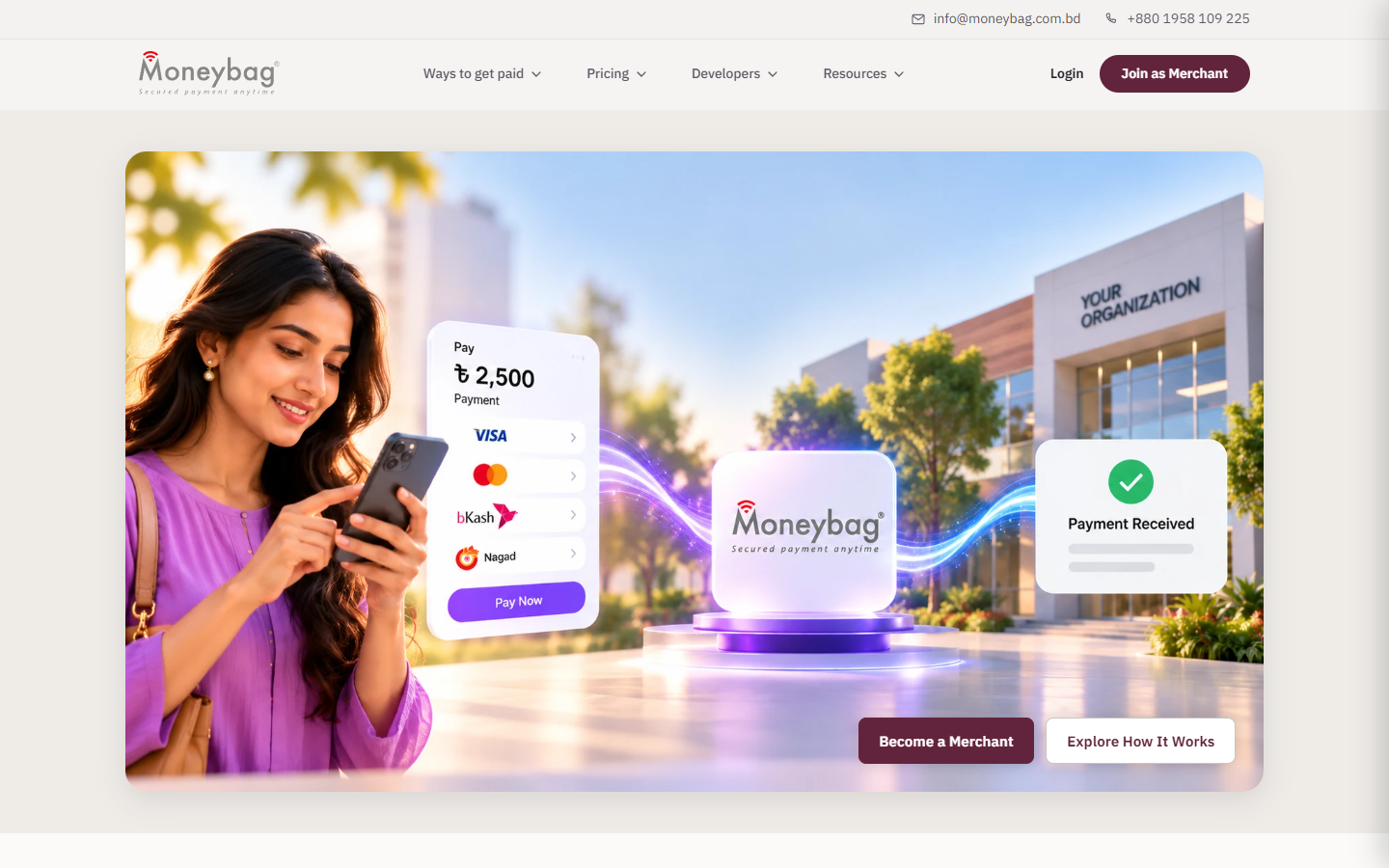 Moneybag website home page, built by Sakib Islam