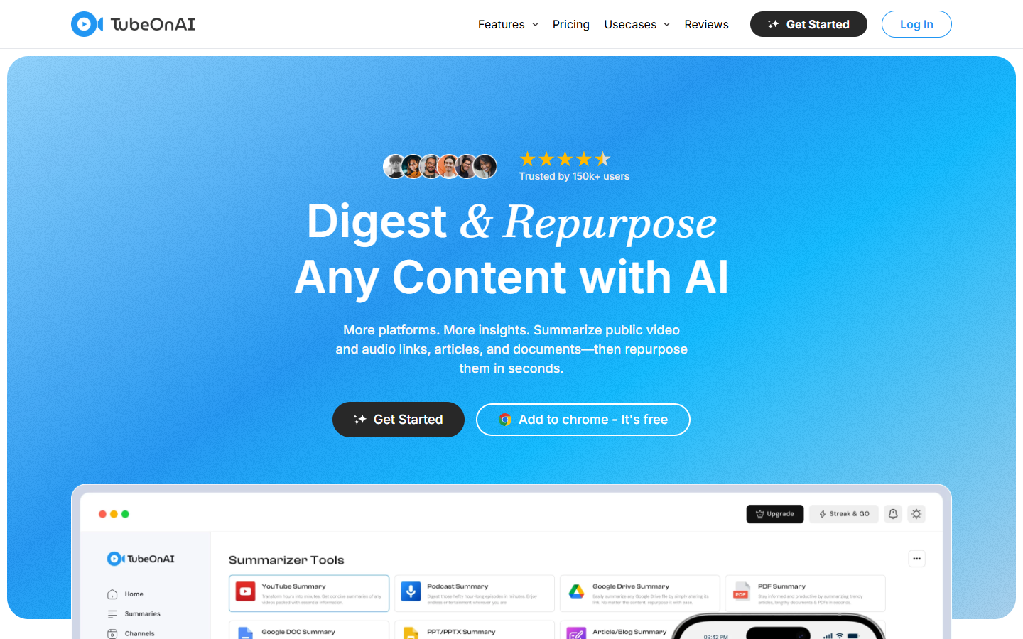TubeOnAI website home page, built by Sakib Islam